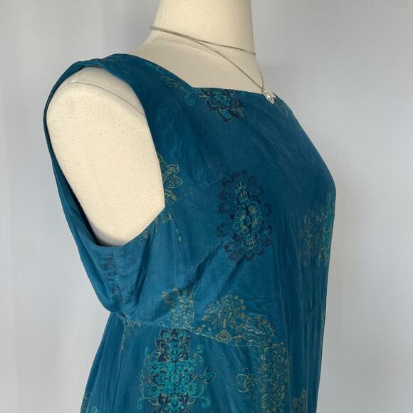 Boho Maxi Dress Plus Size 1X Blue Brocade Print Pure Silk Sleeveless Hippie Vtg - Picture 4 of 16